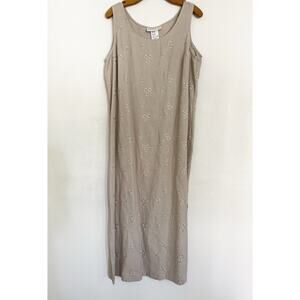 Momentum Linen Blend Dress L Tan Floral Embroidered Maxi Slit Side Beach Neutral